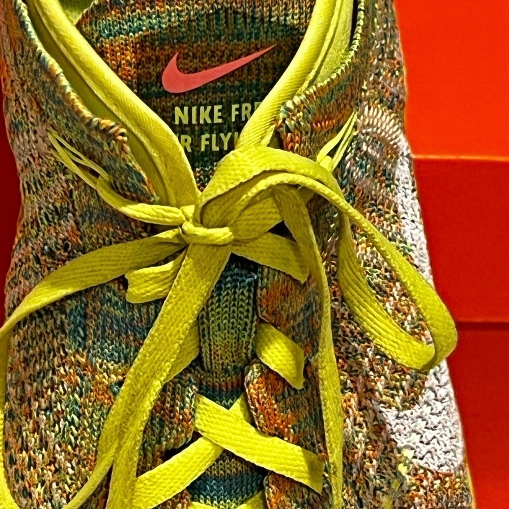 Like New: Nike Free Flyknit Running Sneakers. Wmns Size 9.5 Volt/White/Hot Lava - Picture 4 of 8
